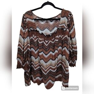 2X Wave Print Square Neck Ruffled Peasant Blouse Boho Artsy